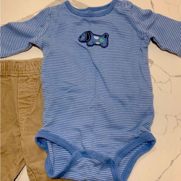 Carter’s | Boys Blue Striped Long Sleeve Onesie Tan CORDUROY Casual Pants - Picture 2 of 6